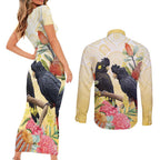 Black Cockatoo Banksia Australia Couples Matching Short Sleeve Bodycon Dress and Long Sleeve Button Shirt Aboriginal Art