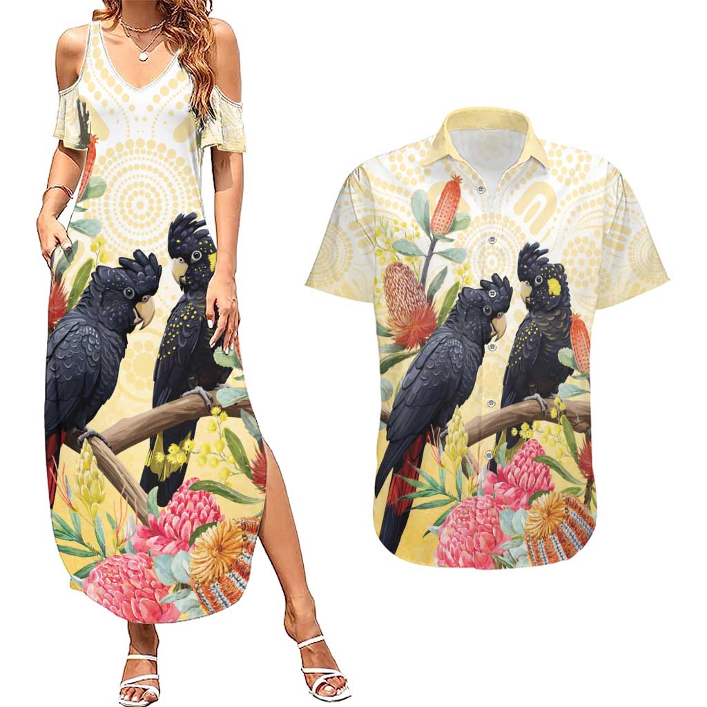 Black Cockatoo Banksia Australia Couples Matching Summer Maxi Dress and Hawaiian Shirt Aboriginal Art