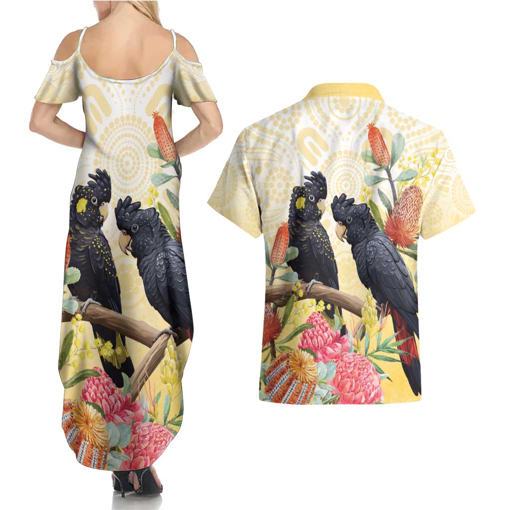 Black Cockatoo Banksia Australia Couples Matching Summer Maxi Dress and Hawaiian Shirt Aboriginal Art