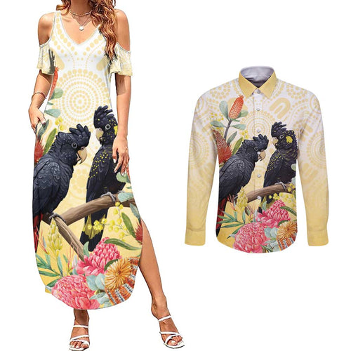 Black Cockatoo Banksia Australia Couples Matching Summer Maxi Dress and Long Sleeve Button Shirt Aboriginal Art