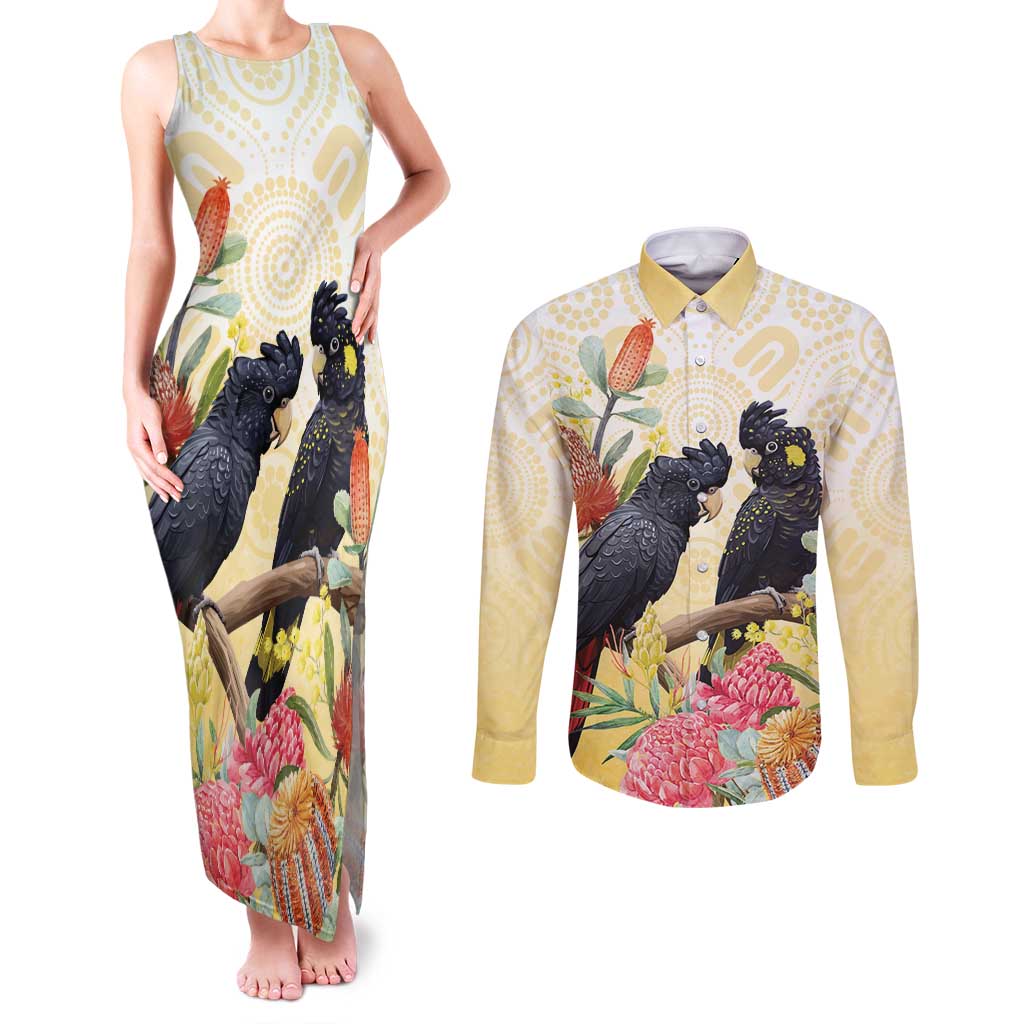 Black Cockatoo Banksia Australia Couples Matching Tank Maxi Dress and Long Sleeve Button Shirt Aboriginal Art