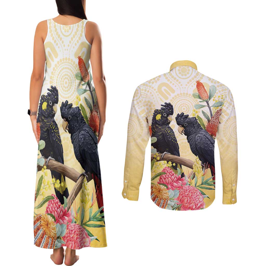 Black Cockatoo Banksia Australia Couples Matching Tank Maxi Dress and Long Sleeve Button Shirt Aboriginal Art