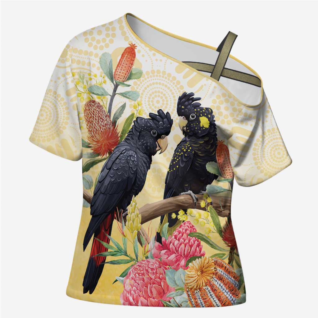 Black Cockatoo Banksia Australia Cross Shoulder Shirt Aboriginal Art - Aussie Hoodie