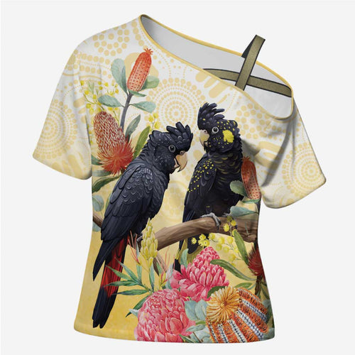 Black Cockatoo Banksia Australia Cross Shoulder Shirt Aboriginal Art - Aussie Hoodie