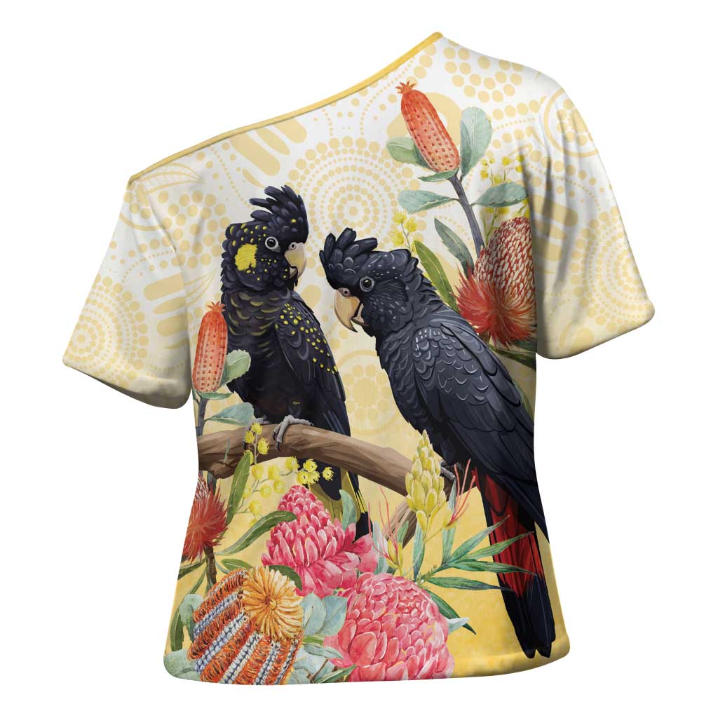 Black Cockatoo Banksia Australia Cross Shoulder Shirt Aboriginal Art - Aussie Hoodie