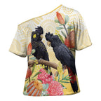 Black Cockatoo Banksia Australia Cross Shoulder Shirt Aboriginal Art - Aussie Hoodie