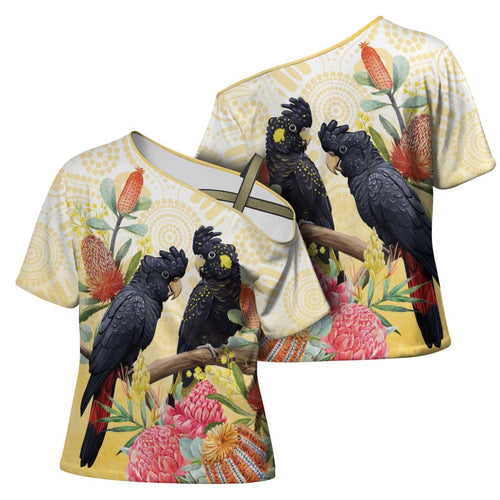 Black Cockatoo Banksia Australia Cross Shoulder Shirt Aboriginal Art - Aussie Hoodie
