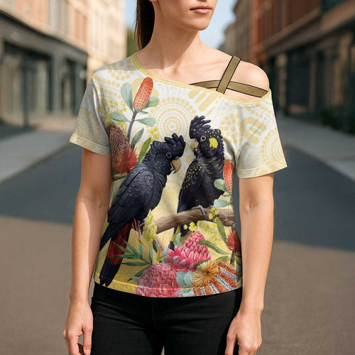 Black Cockatoo Banksia Australia Cross Shoulder Shirt Aboriginal Art - Aussie Hoodie