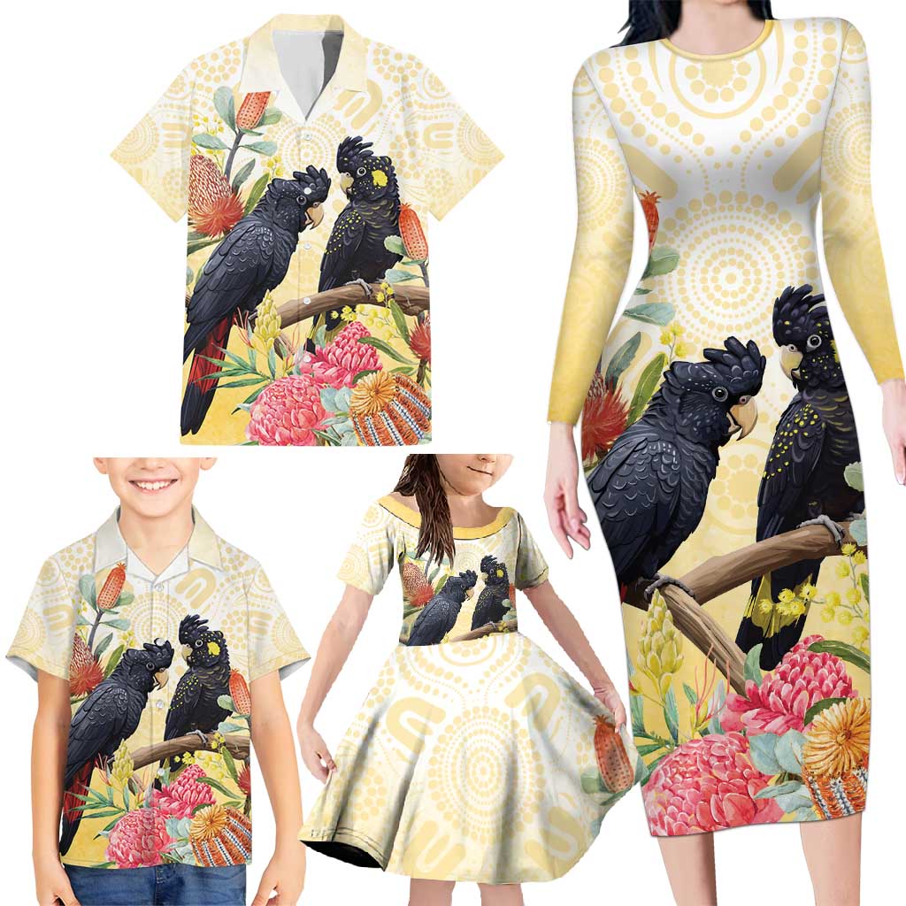 Black Cockatoo Banksia Australia Family Matching Long Sleeve Bodycon Dress and Hawaiian Shirt Aboriginal Art