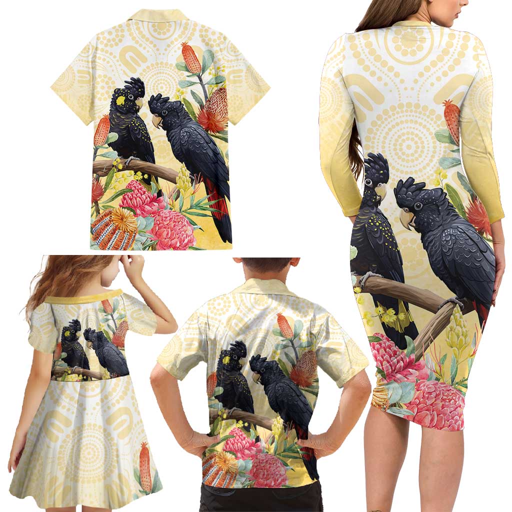 Black Cockatoo Banksia Australia Family Matching Long Sleeve Bodycon Dress and Hawaiian Shirt Aboriginal Art