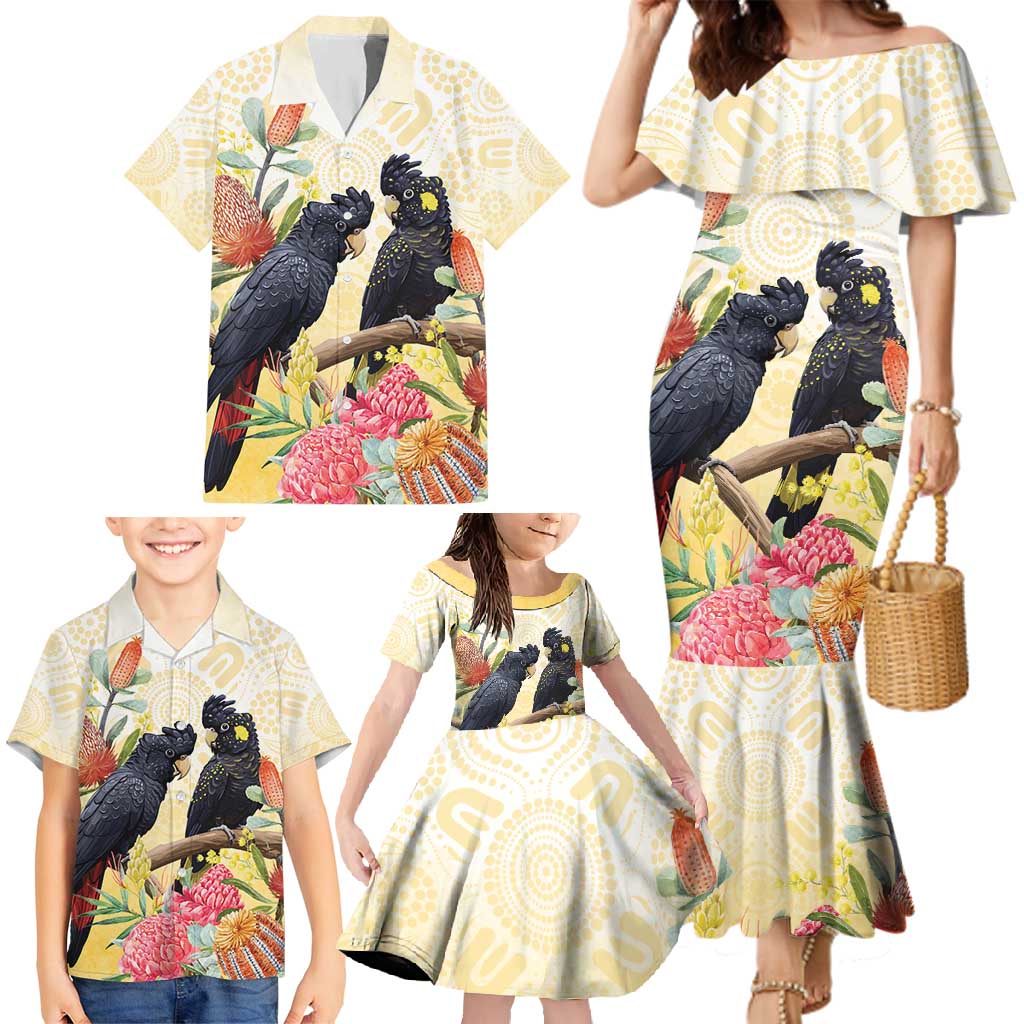 Black Cockatoo Banksia Australia Family Matching Mermaid Dress and Hawaiian Shirt Aboriginal Art