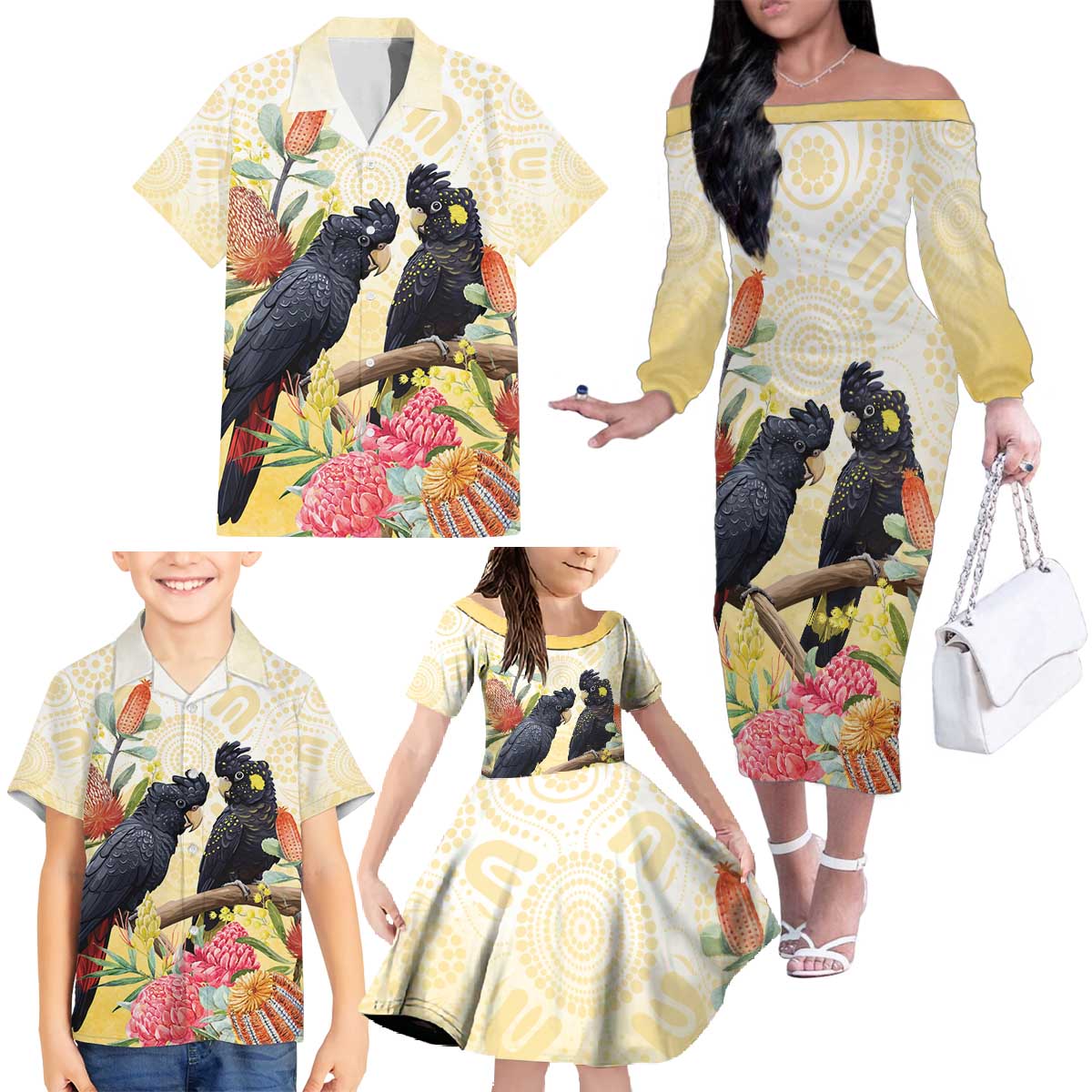 Black Cockatoo Banksia Australia Family Matching Off The Shoulder Long Sleeve Dress and Hawaiian Shirt Aboriginal Art