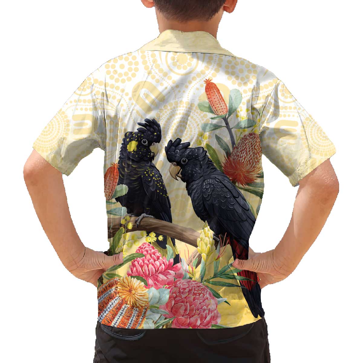 Black Cockatoo Banksia Australia Family Matching Off The Shoulder Long Sleeve Dress and Hawaiian Shirt Aboriginal Art