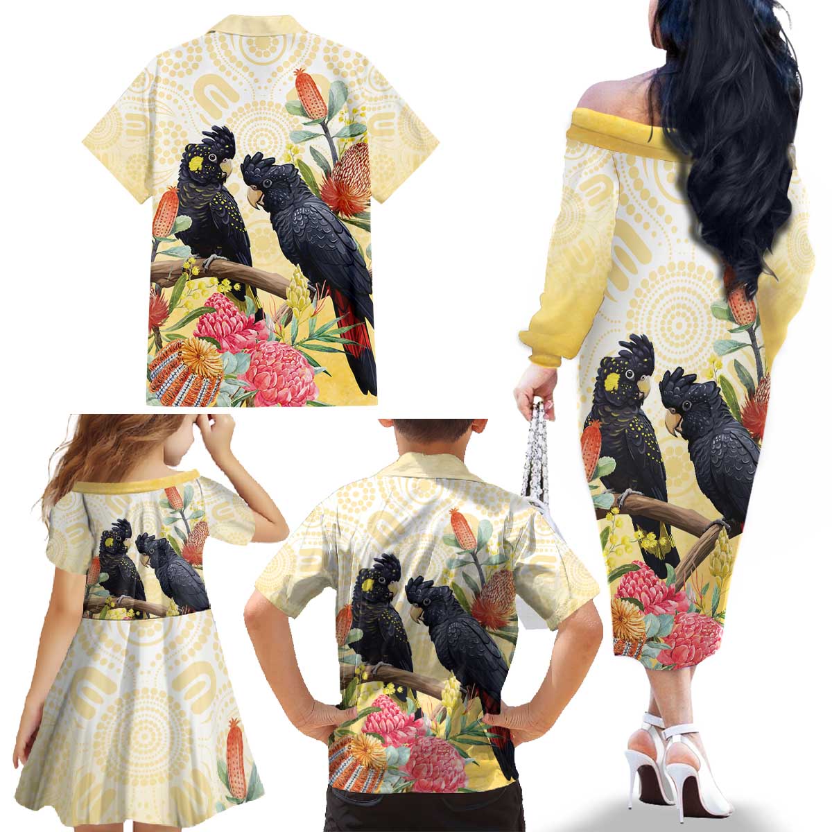 Black Cockatoo Banksia Australia Family Matching Off The Shoulder Long Sleeve Dress and Hawaiian Shirt Aboriginal Art
