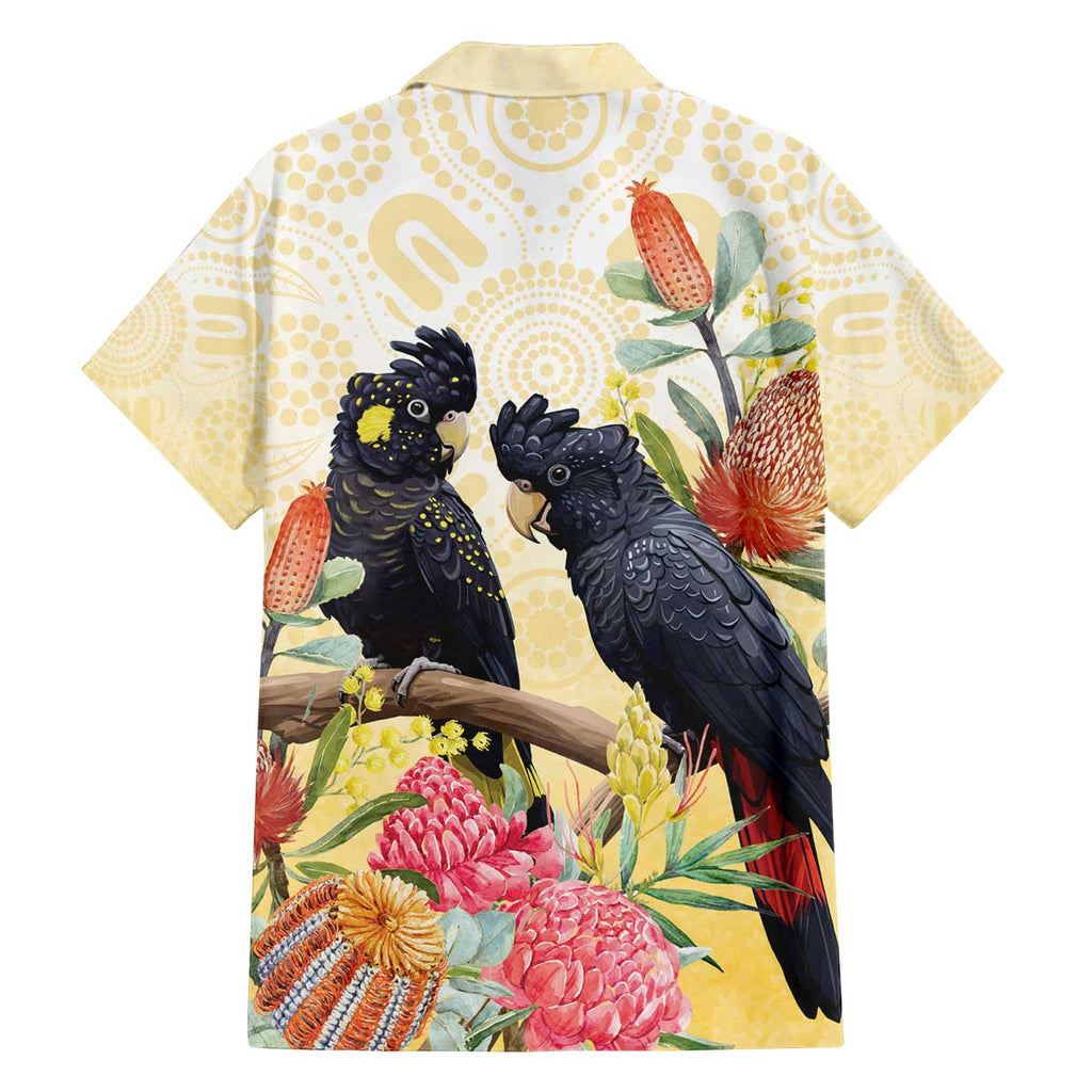 Black Cockatoo Banksia Australia Family Matching Off The Shoulder Long Sleeve Dress and Hawaiian Shirt Aboriginal Art