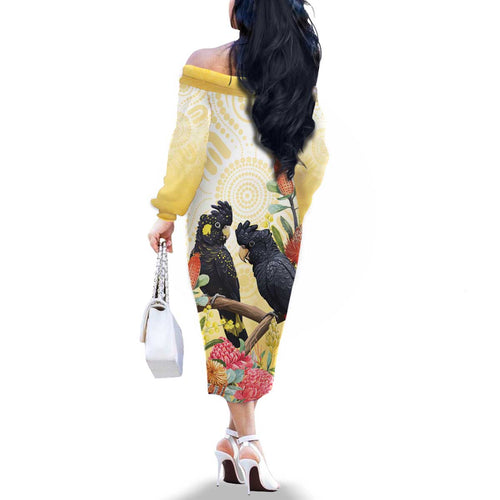 Black Cockatoo Banksia Australia Family Matching Off The Shoulder Long Sleeve Dress and Hawaiian Shirt Aboriginal Art