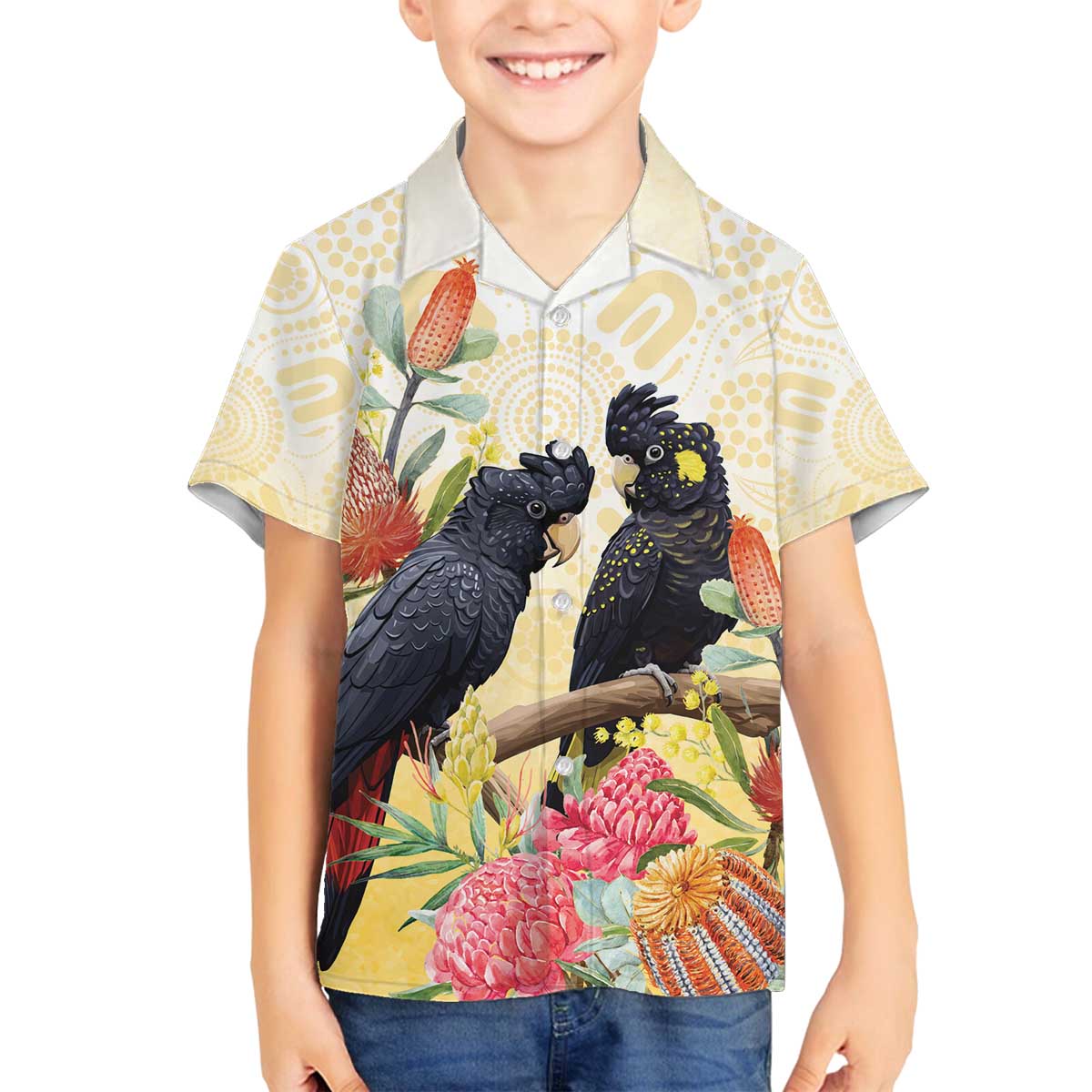 Black Cockatoo Banksia Australia Family Matching Off The Shoulder Long Sleeve Dress and Hawaiian Shirt Aboriginal Art
