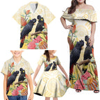 Black Cockatoo Banksia Australia Family Matching Off Shoulder Maxi Dress and Hawaiian Shirt Aboriginal Art