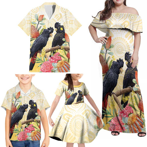 Black Cockatoo Banksia Australia Family Matching Off Shoulder Maxi Dress and Hawaiian Shirt Aboriginal Art