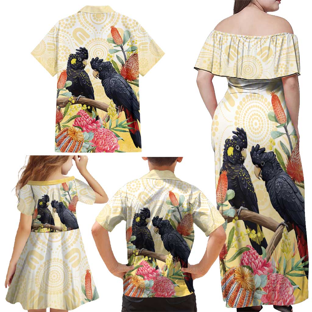 Black Cockatoo Banksia Australia Family Matching Off Shoulder Maxi Dress and Hawaiian Shirt Aboriginal Art
