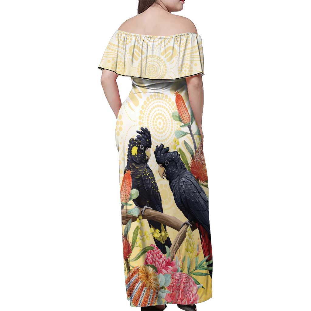 Black Cockatoo Banksia Australia Family Matching Off Shoulder Maxi Dress and Hawaiian Shirt Aboriginal Art