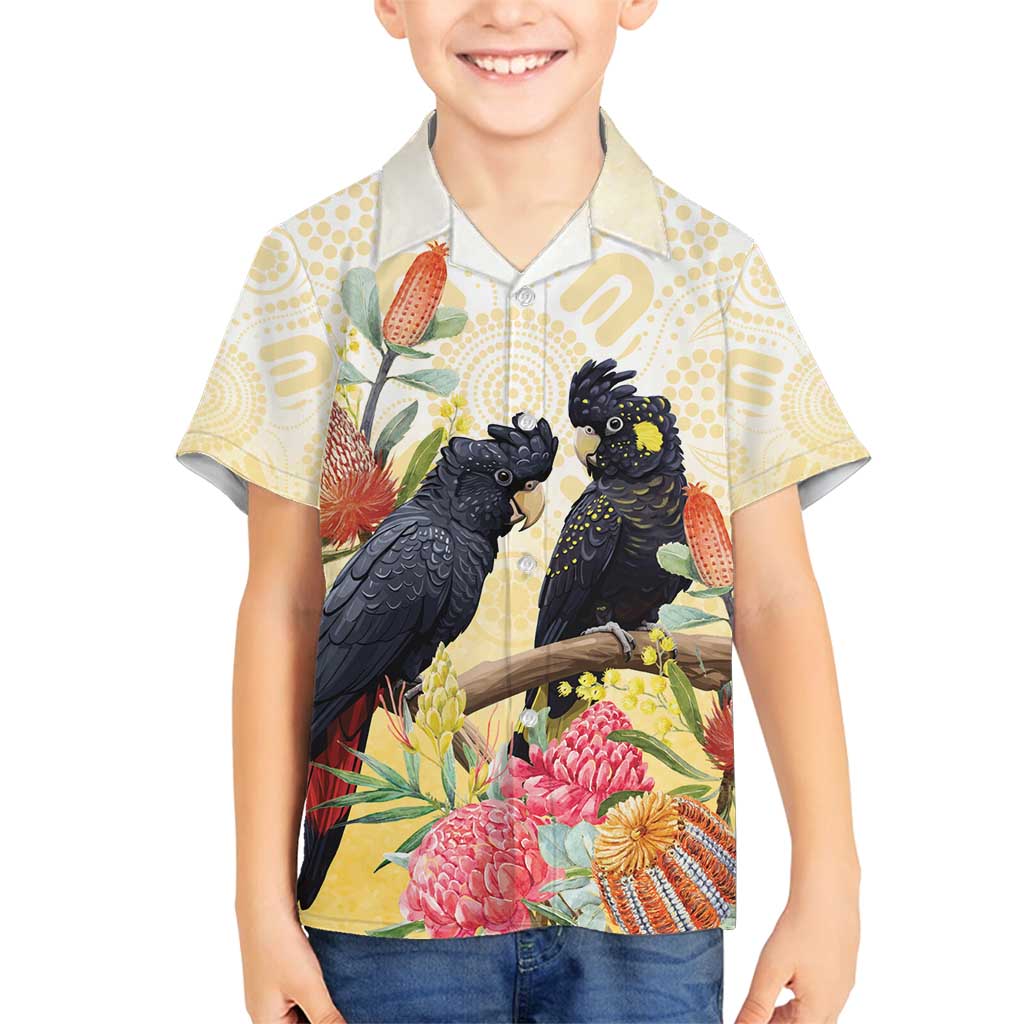 Black Cockatoo Banksia Australia Family Matching Off Shoulder Maxi Dress and Hawaiian Shirt Aboriginal Art