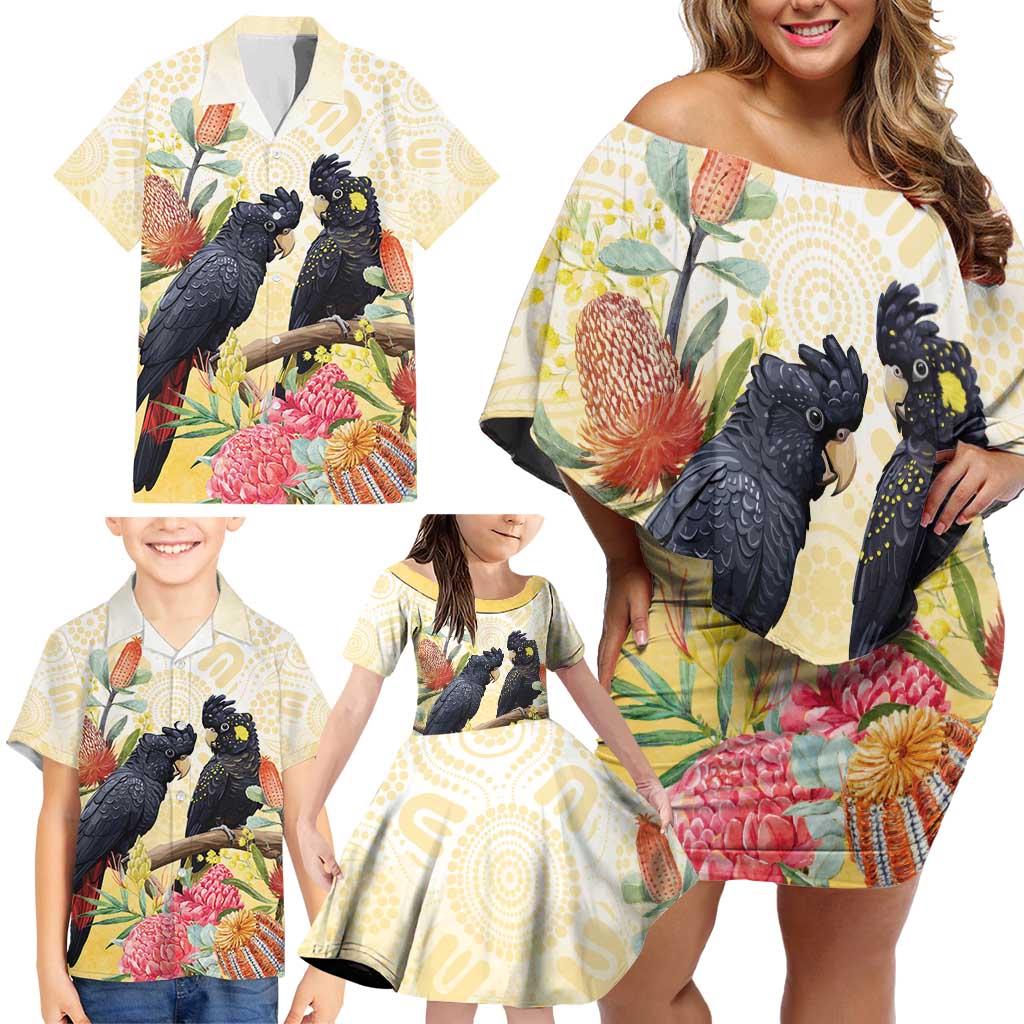 Black Cockatoo Banksia Australia Family Matching Off Shoulder Short Dress and Hawaiian Shirt Aboriginal Art