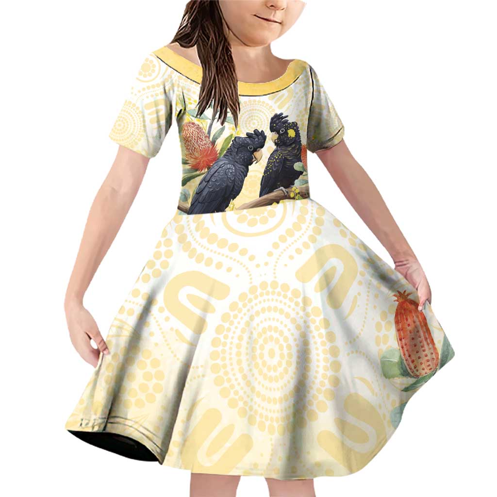 Black Cockatoo Banksia Australia Family Matching Off Shoulder Short Dress and Hawaiian Shirt Aboriginal Art