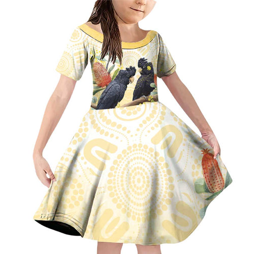 Black Cockatoo Banksia Australia Family Matching Off Shoulder Short Dress and Hawaiian Shirt Aboriginal Art