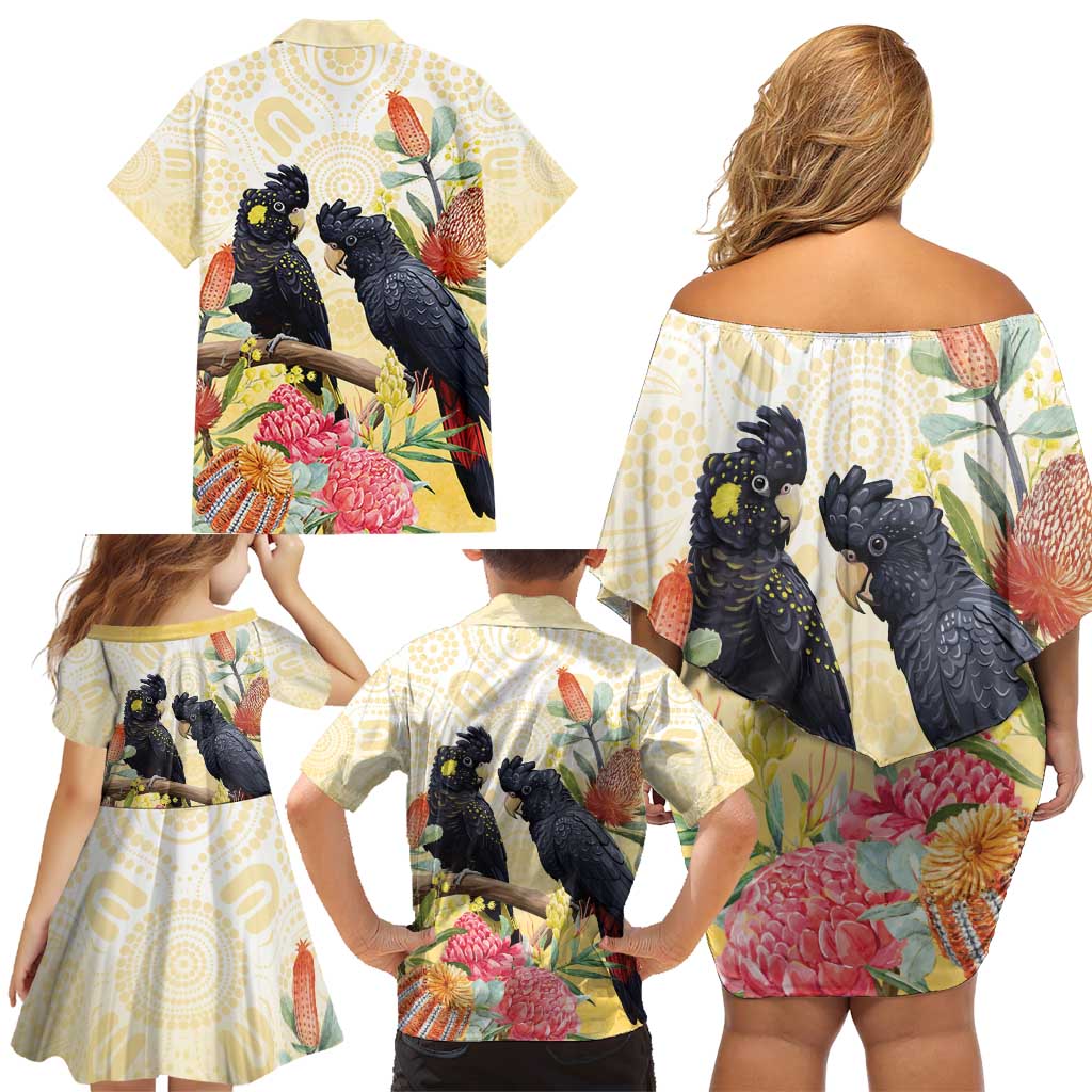 Black Cockatoo Banksia Australia Family Matching Off Shoulder Short Dress and Hawaiian Shirt Aboriginal Art