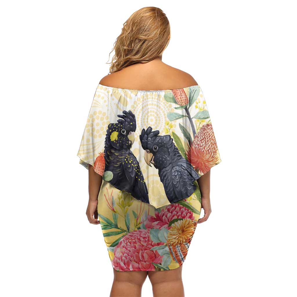 Black Cockatoo Banksia Australia Family Matching Off Shoulder Short Dress and Hawaiian Shirt Aboriginal Art