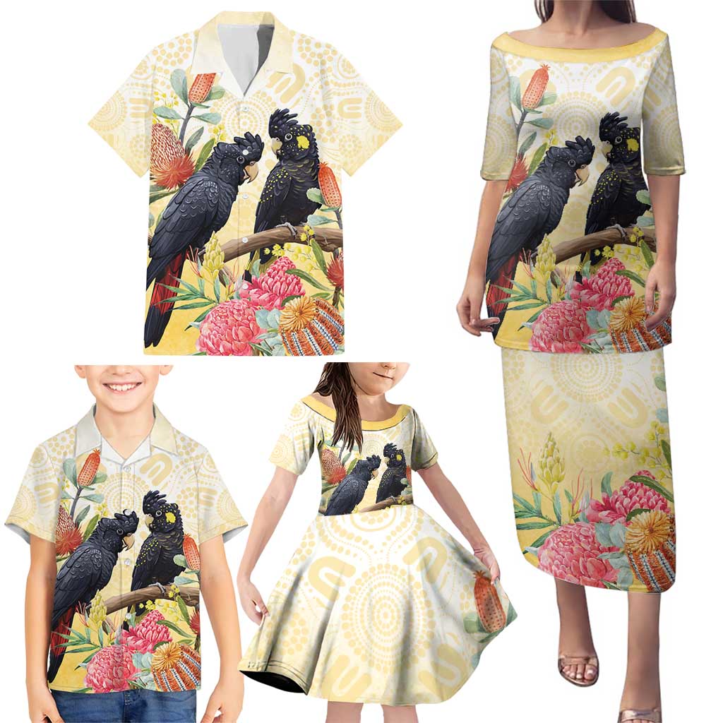 Black Cockatoo Banksia Australia Family Matching Puletasi and Hawaiian Shirt Aboriginal Art