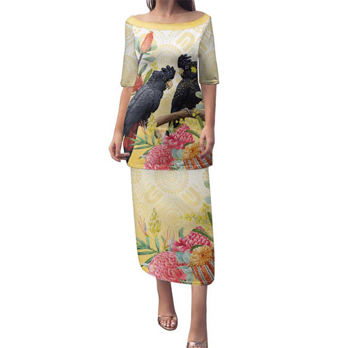 Black Cockatoo Banksia Australia Family Matching Puletasi and Hawaiian Shirt Aboriginal Art