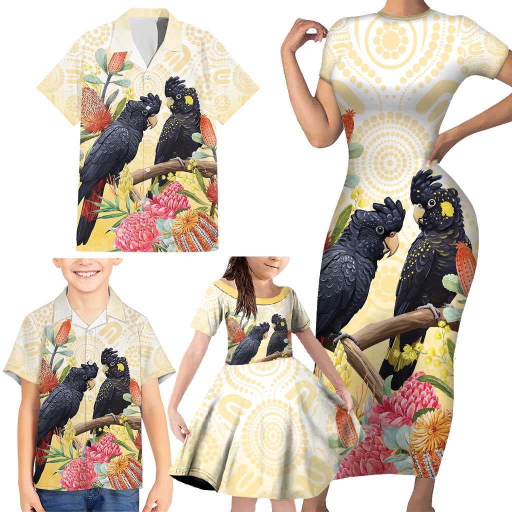 Black Cockatoo Banksia Australia Family Matching Short Sleeve Bodycon Dress and Hawaiian Shirt Aboriginal Art