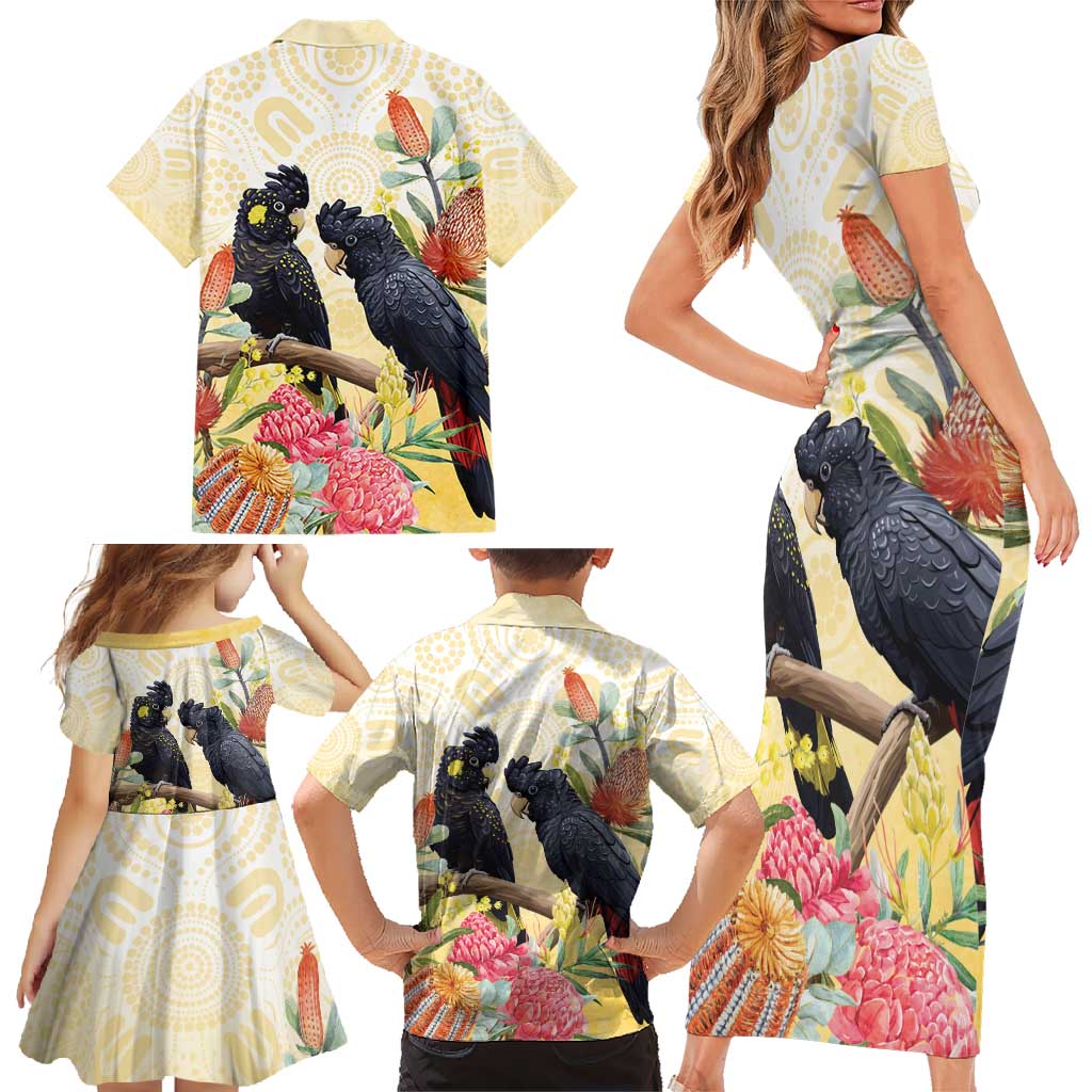 Black Cockatoo Banksia Australia Family Matching Short Sleeve Bodycon Dress and Hawaiian Shirt Aboriginal Art
