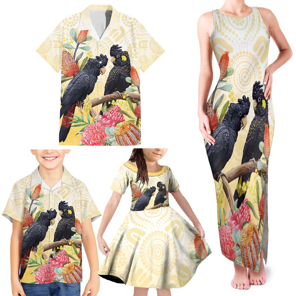 Black Cockatoo Banksia Australia Family Matching Tank Maxi Dress and Hawaiian Shirt Aboriginal Art