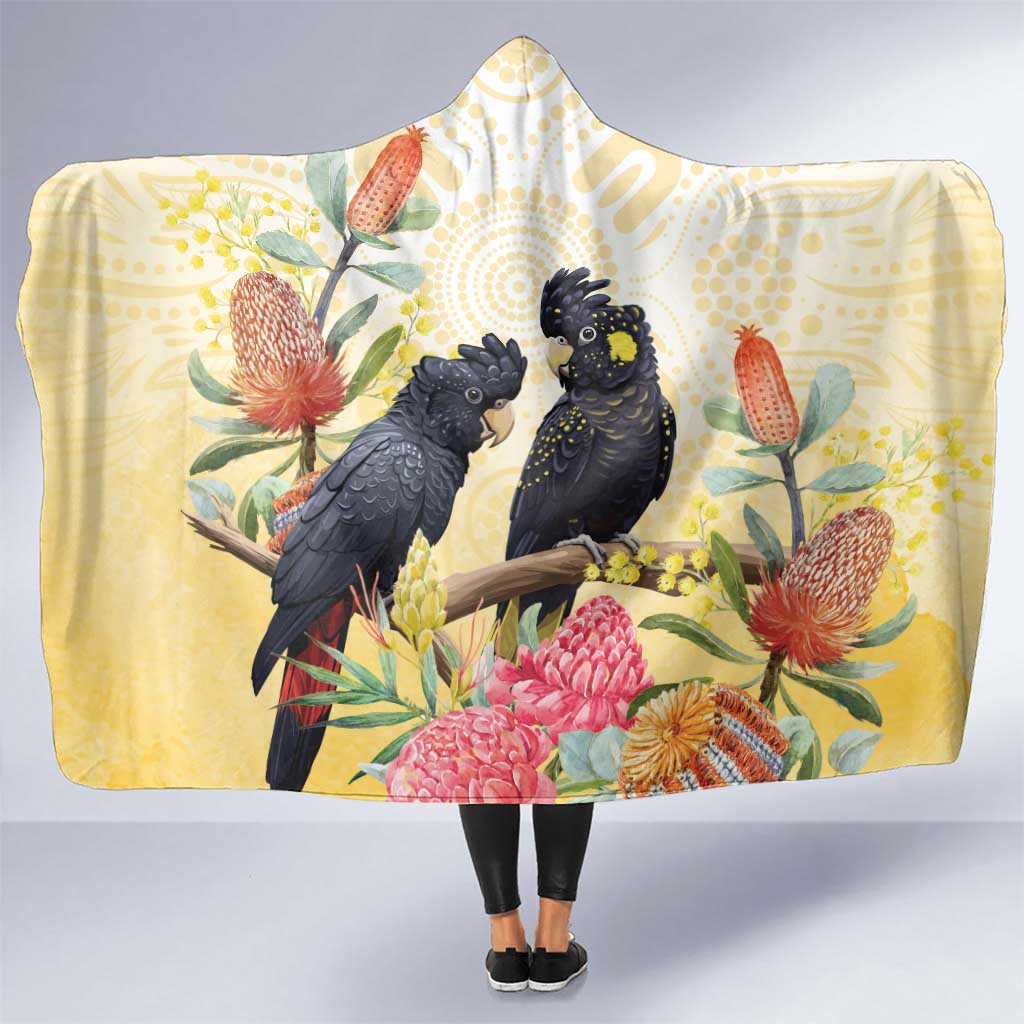 Black Cockatoo Banksia Australia Hooded Blanket Aboriginal Art