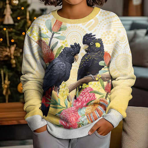Black Cockatoo Banksia Australia Kid Ugly Christmas Sweater Aboriginal Art - Aussie Hoodie