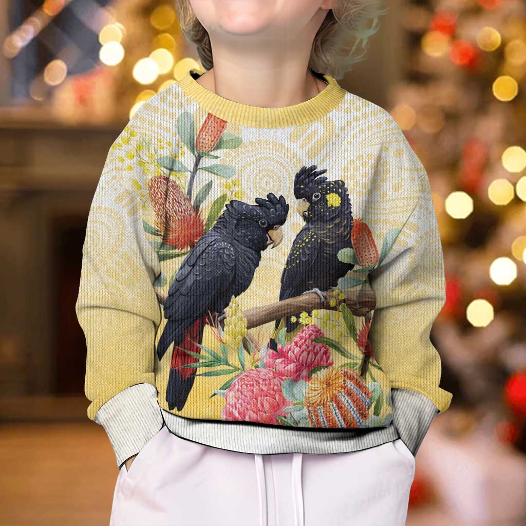Black Cockatoo Banksia Australia Kid Ugly Christmas Sweater Aboriginal Art - Aussie Hoodie