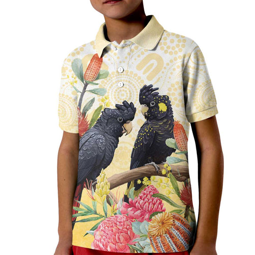 Black Cockatoo Banksia Australia Kid Polo Shirt Aboriginal Art