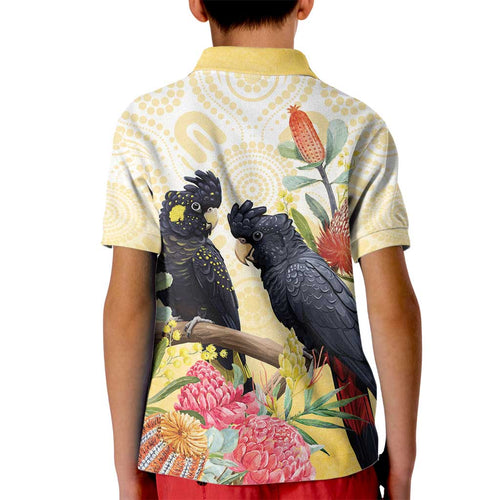 Black Cockatoo Banksia Australia Kid Polo Shirt Aboriginal Art