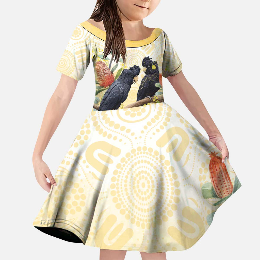 Black Cockatoo Banksia Australia Kid Short Sleeve Dress Aboriginal Art