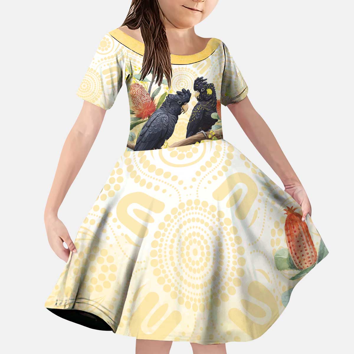 Black Cockatoo Banksia Australia Kid Short Sleeve Dress Aboriginal Art