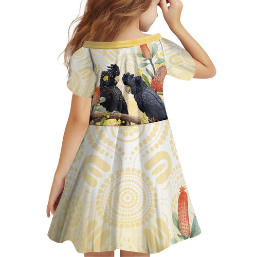Black Cockatoo Banksia Australia Kid Short Sleeve Dress Aboriginal Art