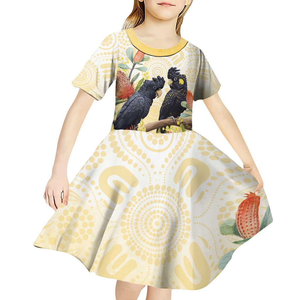 Black Cockatoo Banksia Australia Kid Short Sleeve Dress Aboriginal Art