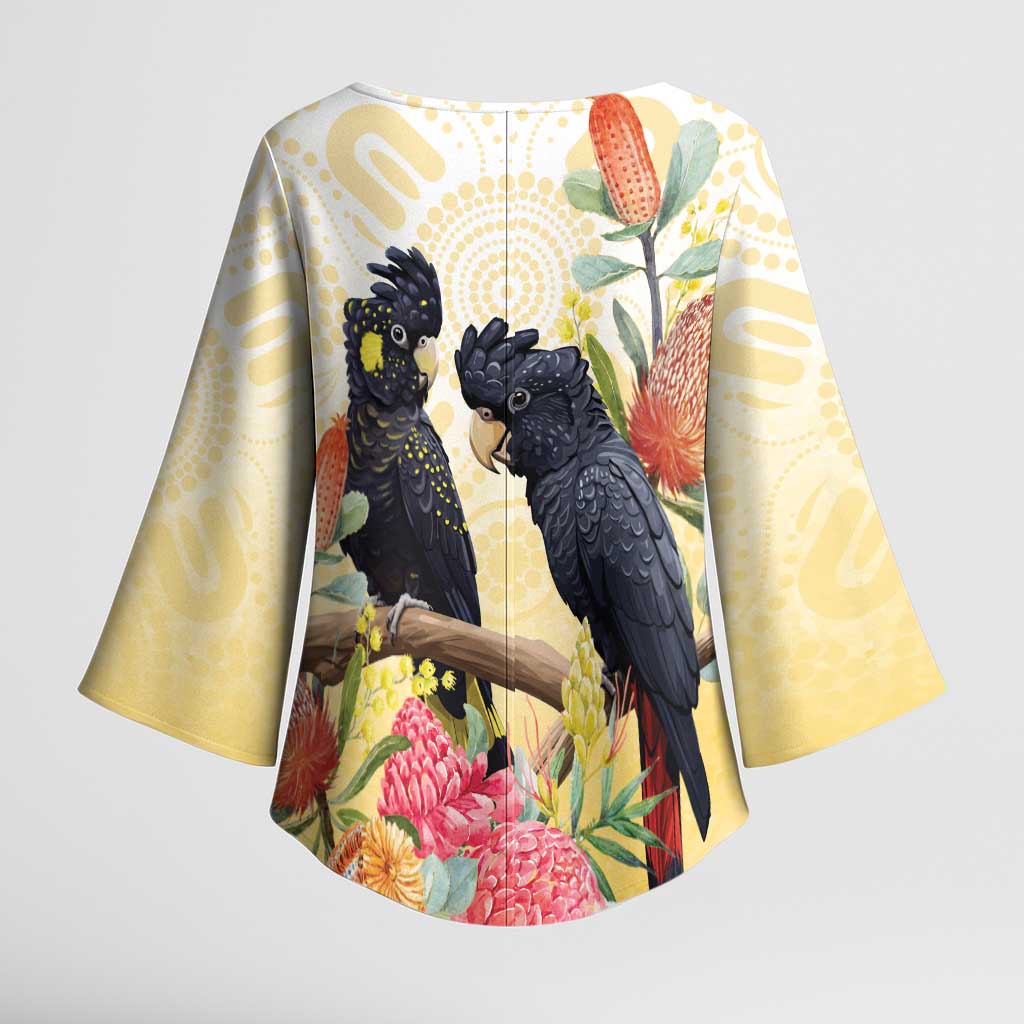 Black Cockatoo Banksia Australia Kimono Sleeve Blouse Aboriginal Art - Aussie Hoodie