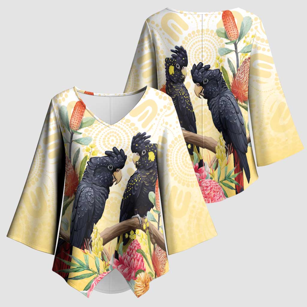 Black Cockatoo Banksia Australia Kimono Sleeve Blouse Aboriginal Art - Aussie Hoodie