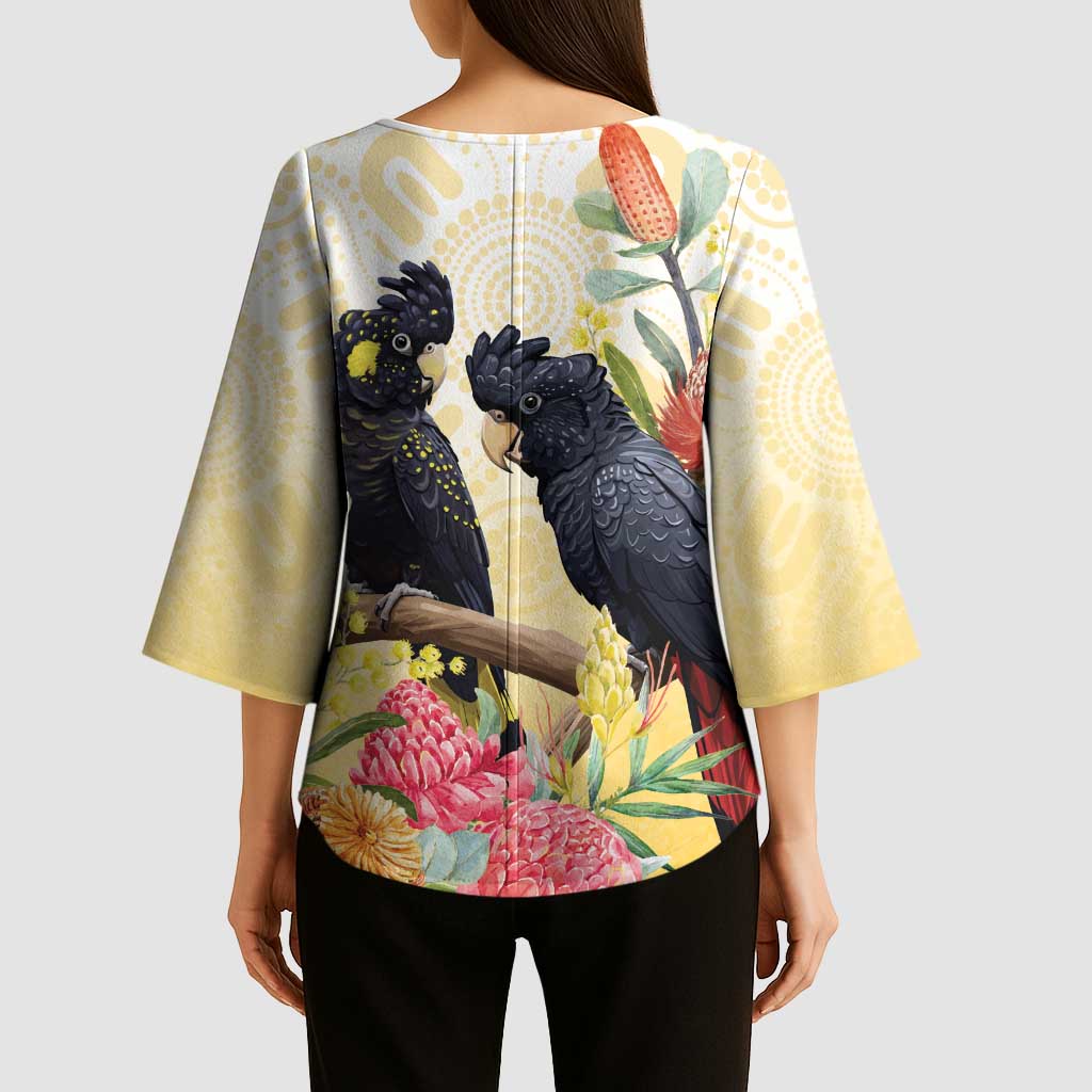 Black Cockatoo Banksia Australia Kimono Sleeve Blouse Aboriginal Art - Aussie Hoodie