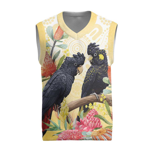 Black Cockatoo Banksia Australia Christmas Knitted V-Neck Vest Aboriginal Art - Aussie Hoodie