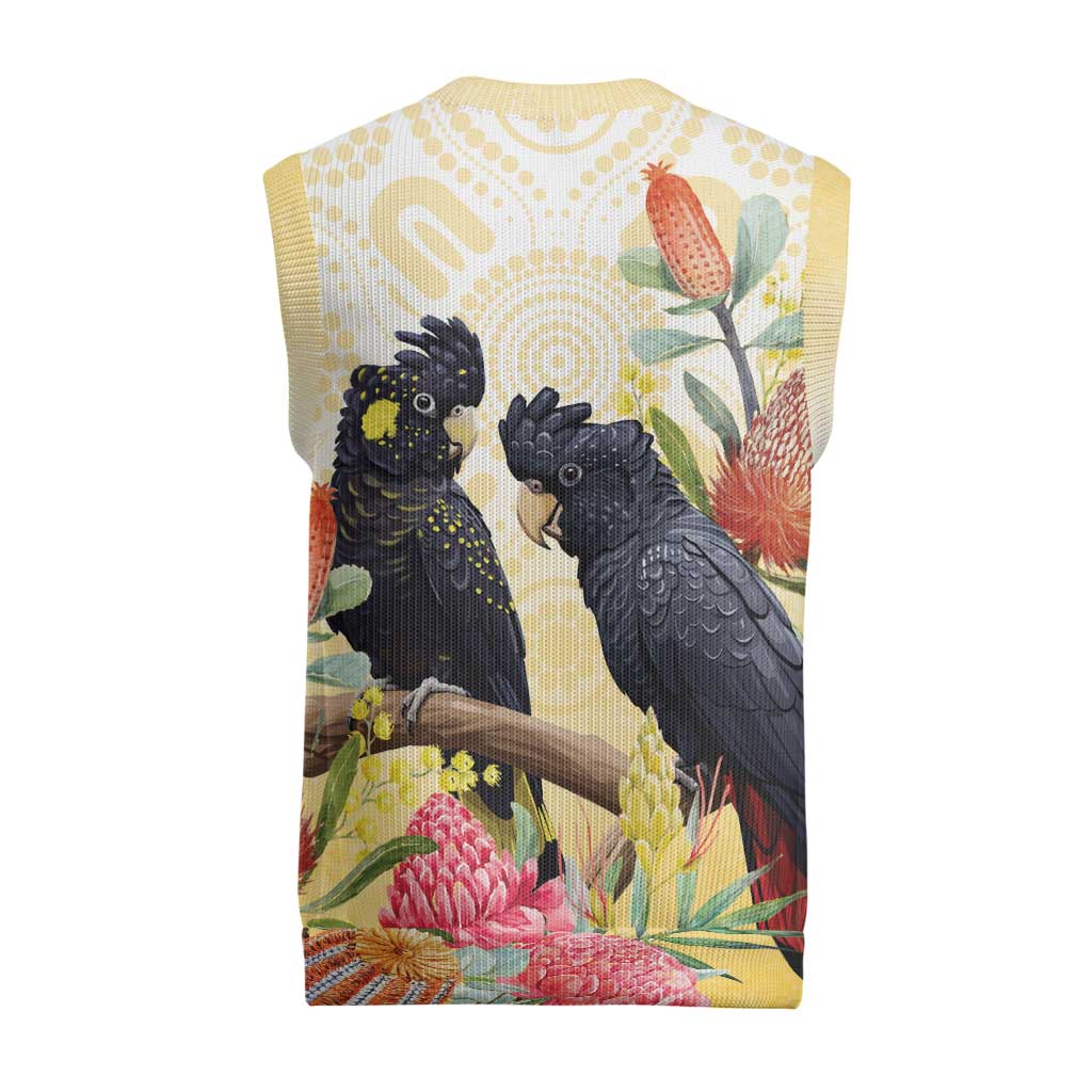Black Cockatoo Banksia Australia Christmas Knitted V-Neck Vest Aboriginal Art - Aussie Hoodie